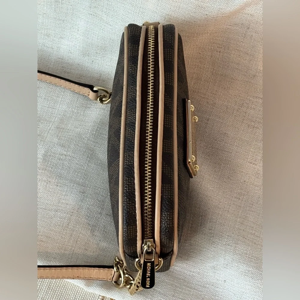 Michael Kors Dark Brown Monogram Camera Crossbody Bag with Gold Accents
